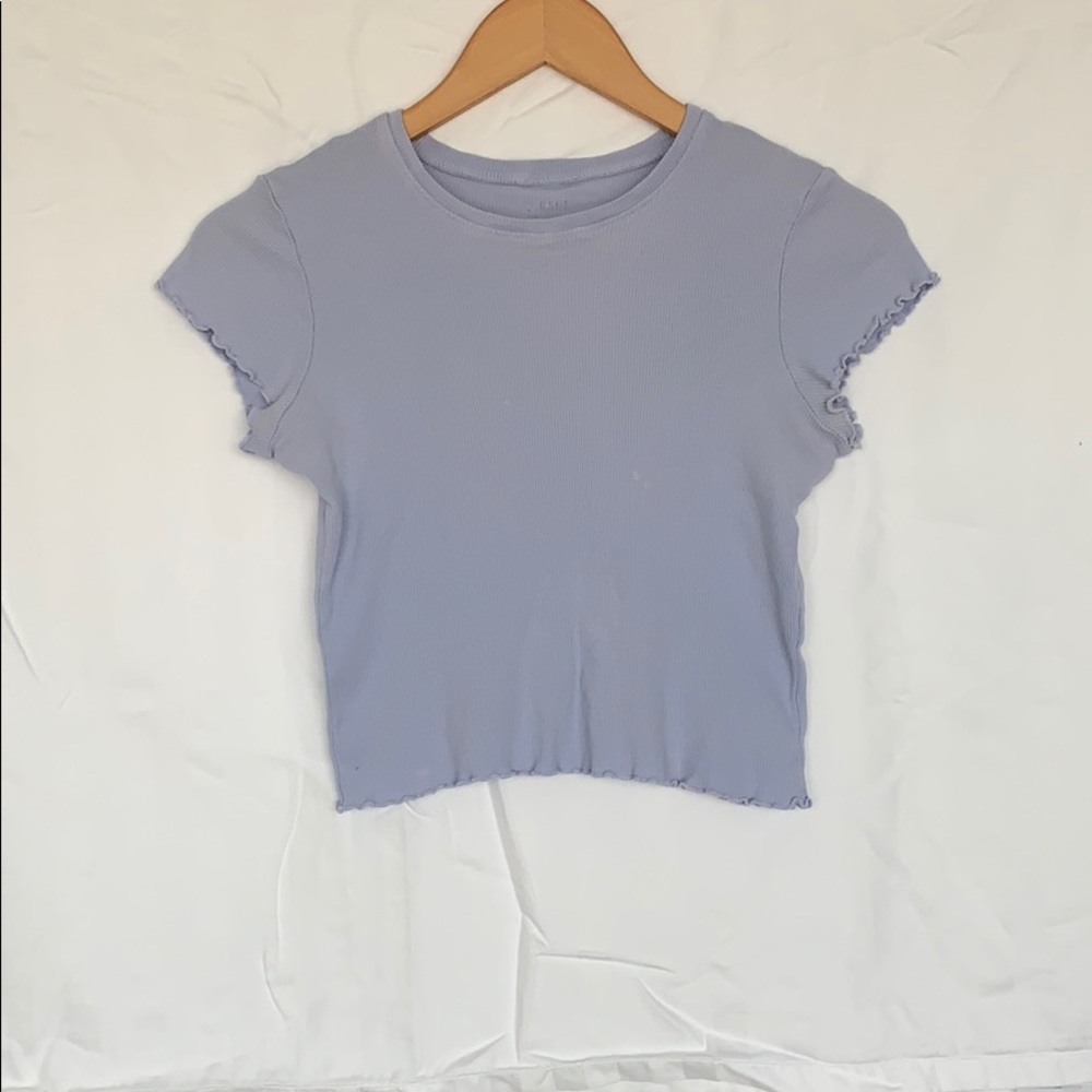 Baby Blue/ pastel rubbed ruffle edged crop top
